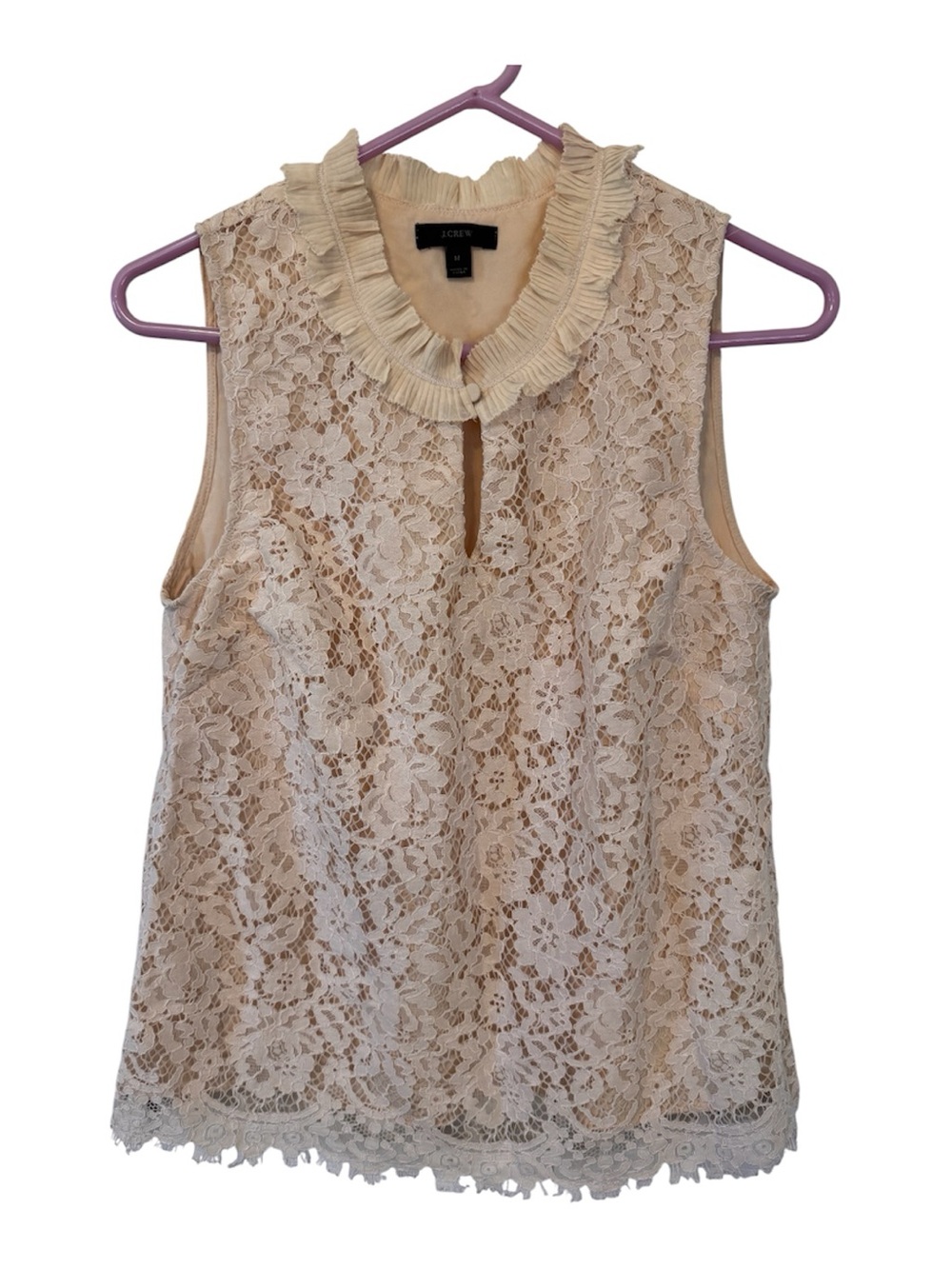 J.Crew Lace Overlay Sleeveless Ruffle Collar Blouse Cream Beige Size Medium - Picture 2 of 12